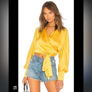 Revolve LPA Dolman Yellow Wrap Satin Blouse